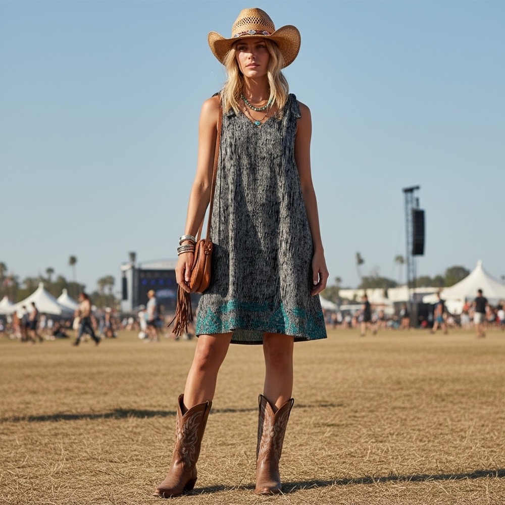 THML Black Ripple Print Teal Embroidered Hem Coachella Festival Rodeo Tribal‎ L